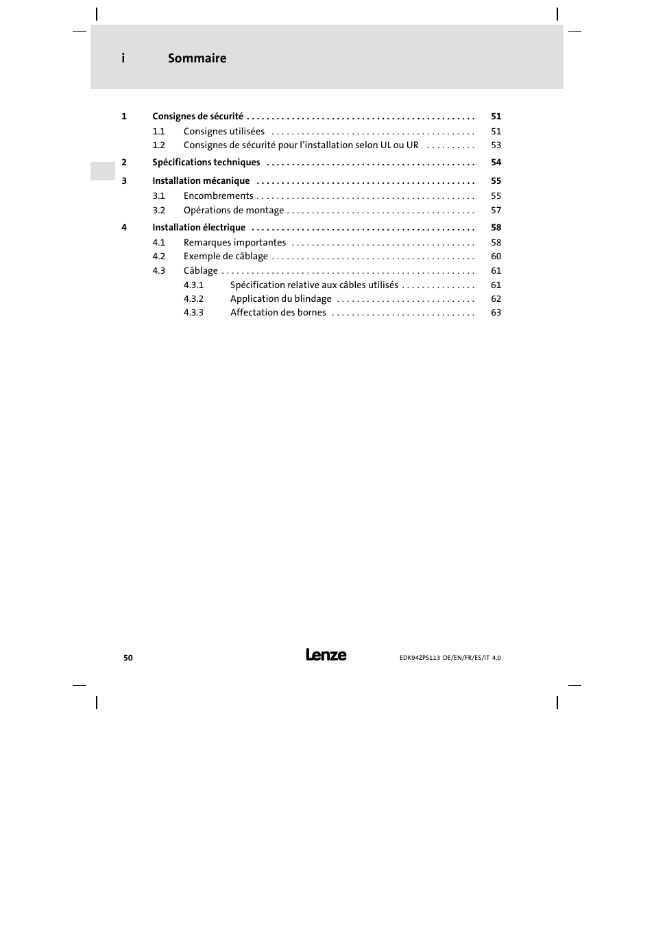 Sommaire, Sommaire i | Lenze E94AZPS User Manual | Page 50 / 114