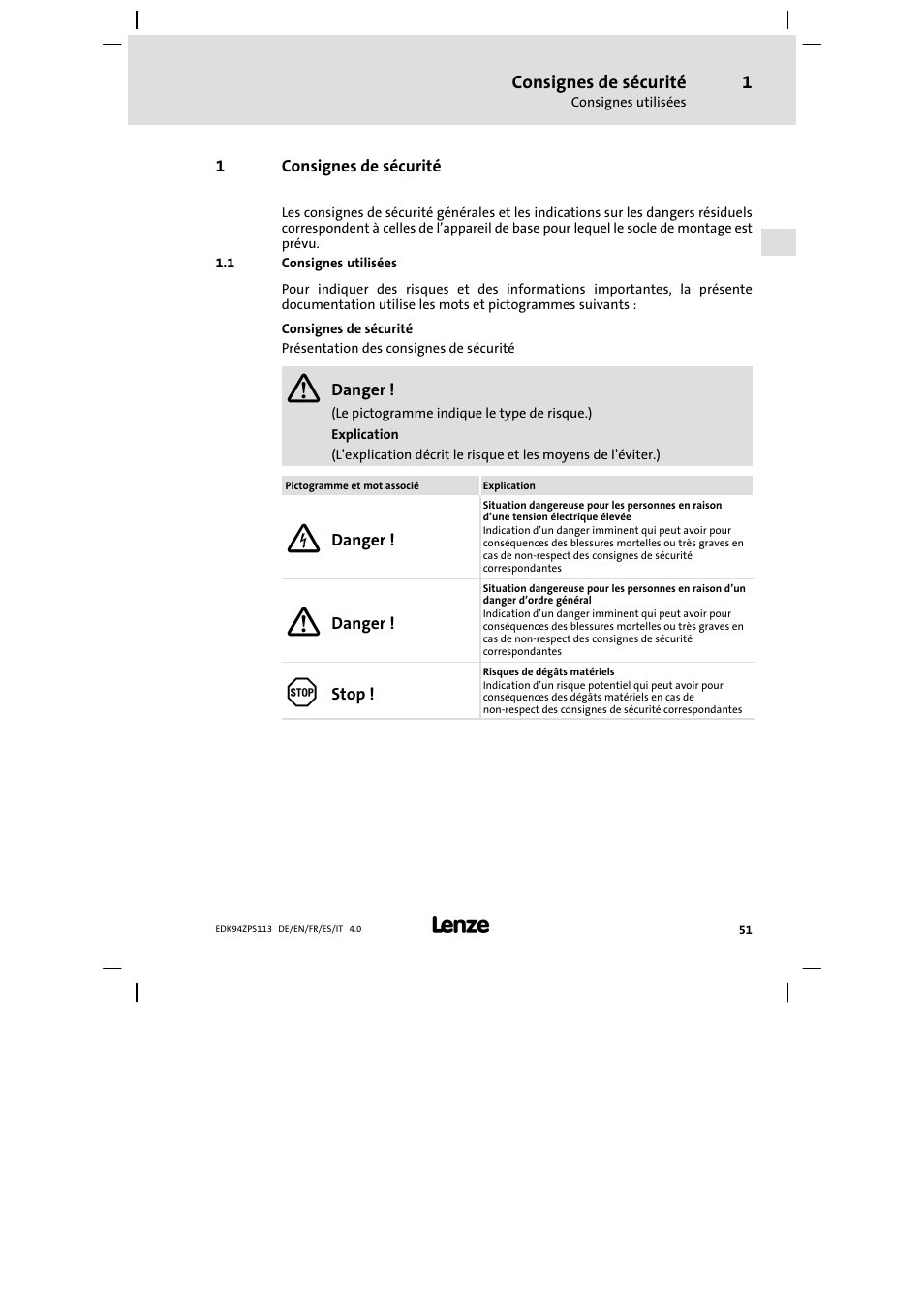 Consignes de sécurité, Consignes utilisées | Lenze E94AZPS User Manual | Page 51 / 114