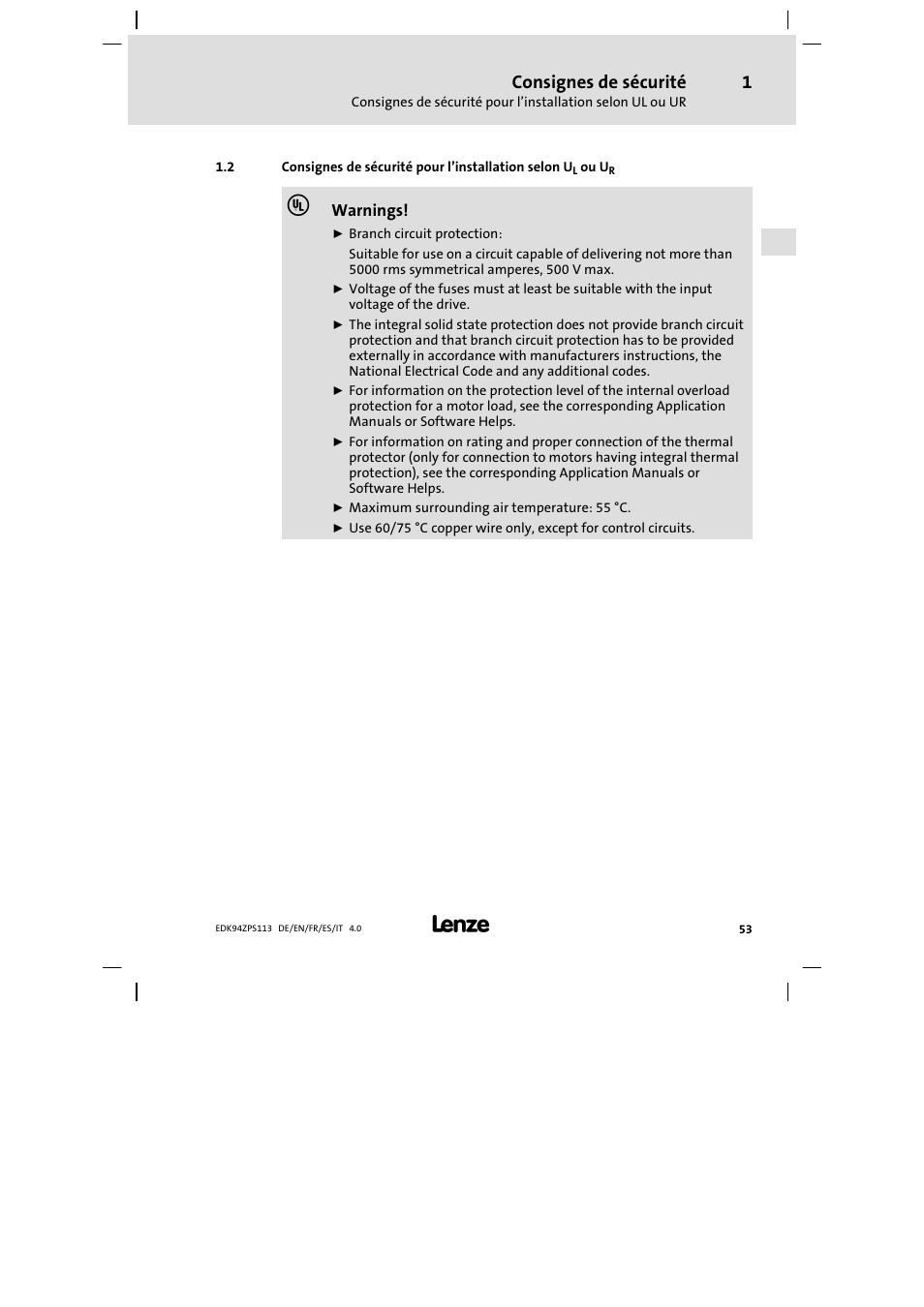 Consignes de sécurité | Lenze E94AZPS User Manual | Page 53 / 114