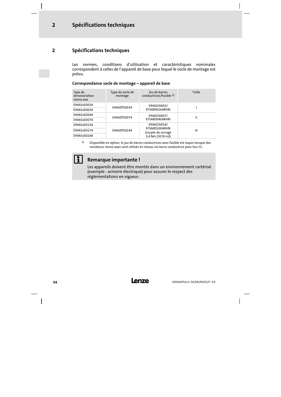 Spécifications techniques, Spécifications techniques 2, 2spécifications techniques | Remarque importante | Lenze E94AZPS User Manual | Page 54 / 114