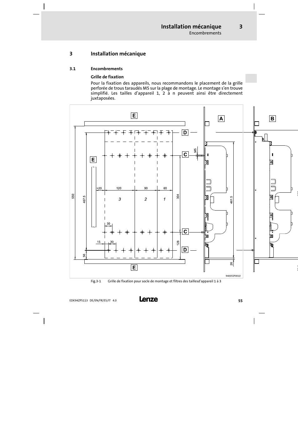 Installation mécanique, Encombrements | Lenze E94AZPS User Manual | Page 55 / 114
