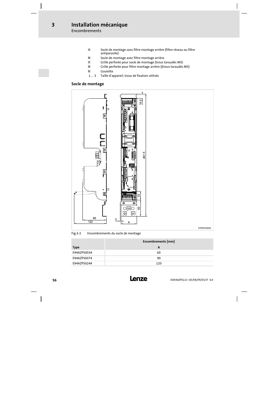 Installation mécanique | Lenze E94AZPS User Manual | Page 56 / 114