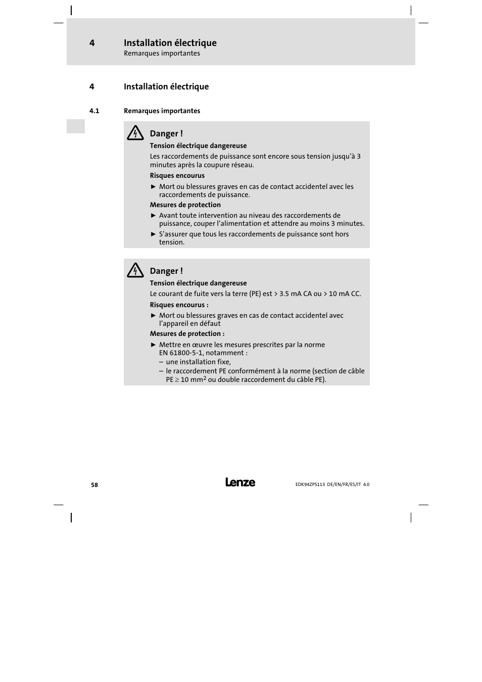 Installation électrique, Remarques importantes | Lenze E94AZPS User Manual | Page 58 / 114