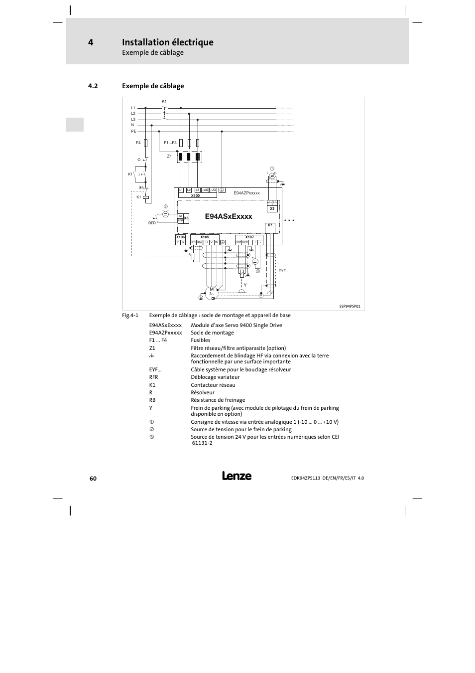 Exemple de câblage, Installation électrique, 2 exemple de câblage | Lenze E94AZPS User Manual | Page 60 / 114