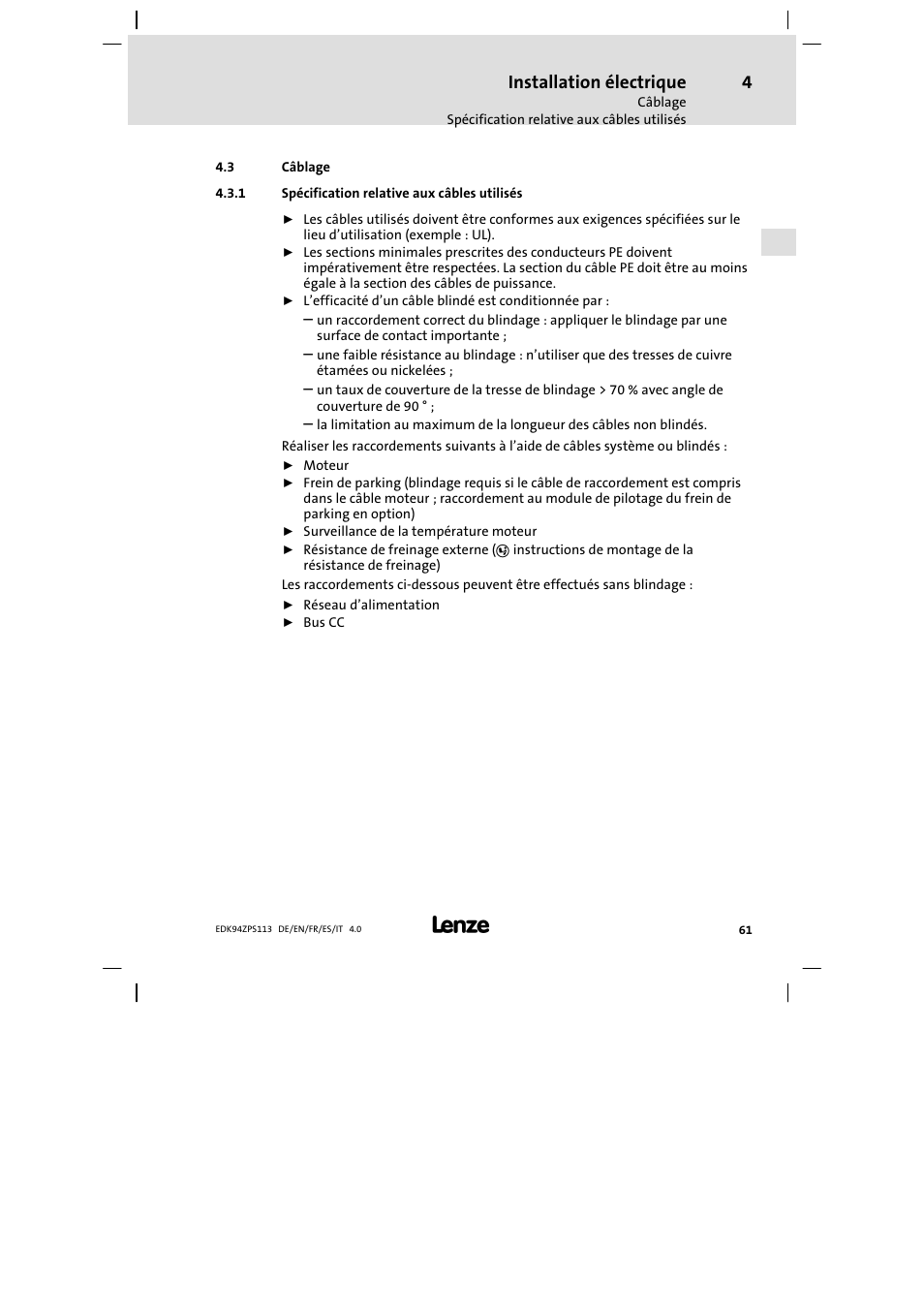 Câblage, Spécification relative aux câbles utilisés, Installation électrique | Lenze E94AZPS User Manual | Page 61 / 114