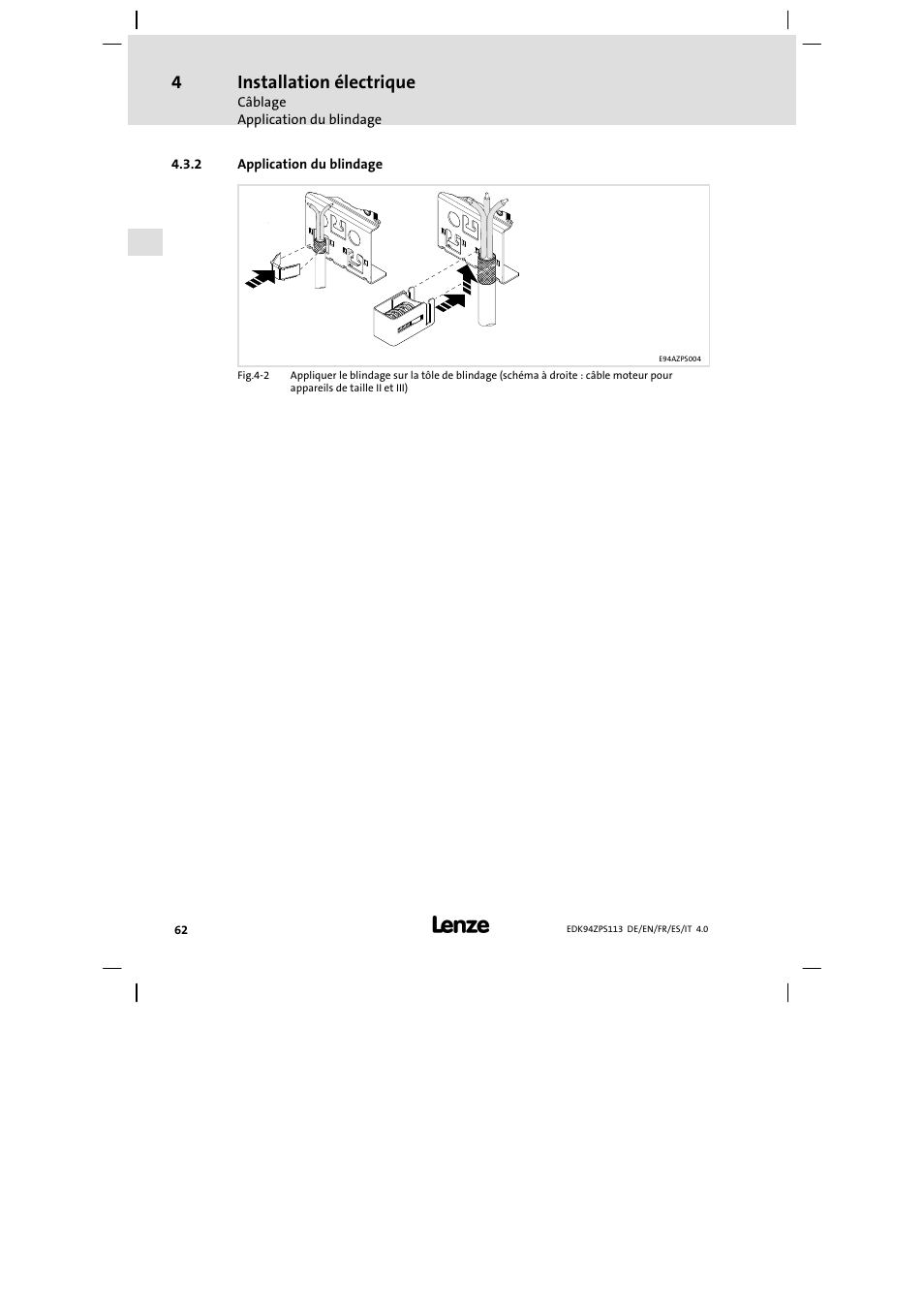 Application du blindage, Installation électrique | Lenze E94AZPS User Manual | Page 62 / 114