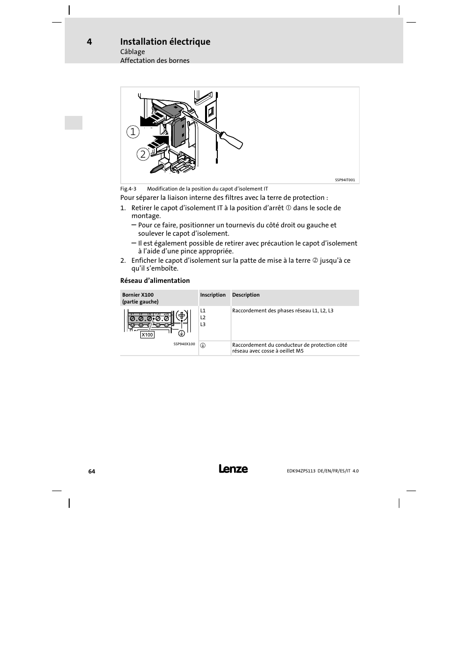 Installation électrique | Lenze E94AZPS User Manual | Page 64 / 114