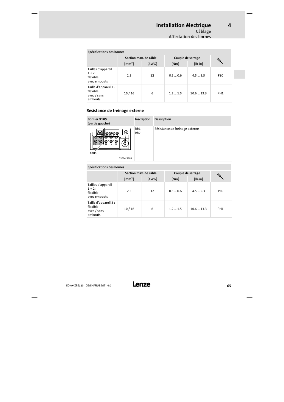 Installation électrique | Lenze E94AZPS User Manual | Page 65 / 114