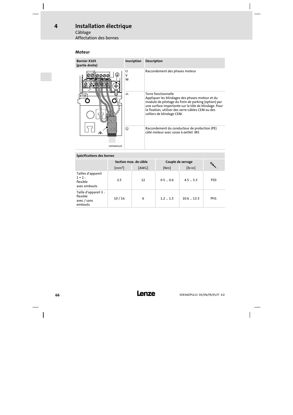 Installation électrique | Lenze E94AZPS User Manual | Page 66 / 114