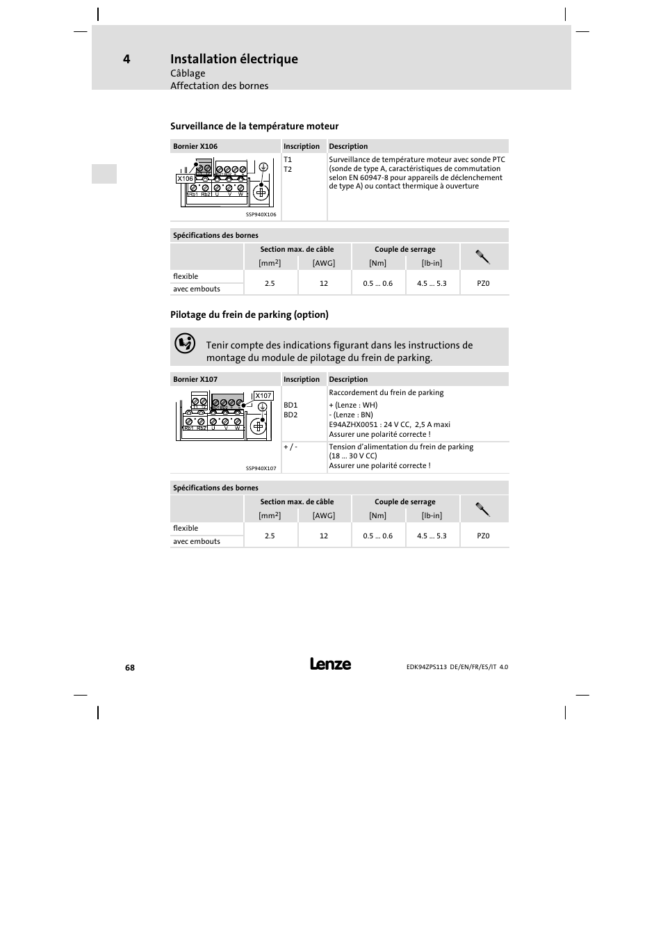 Installation électrique | Lenze E94AZPS User Manual | Page 68 / 114
