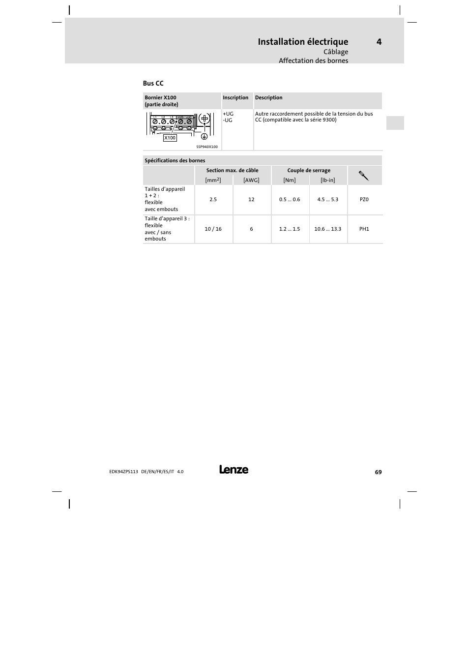 Installation électrique | Lenze E94AZPS User Manual | Page 69 / 114