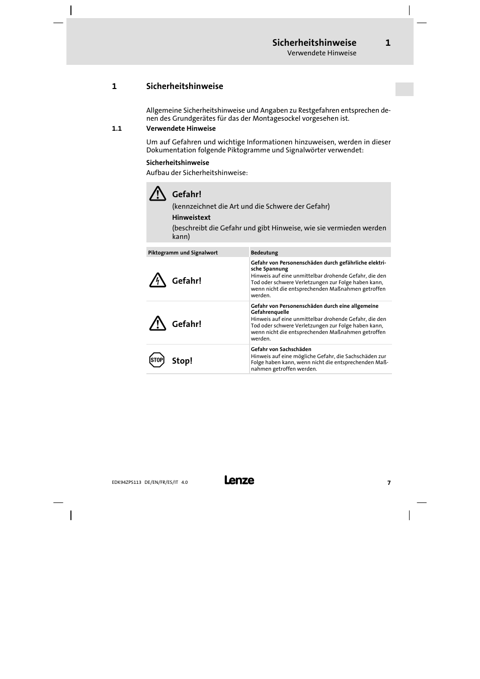 Sicherheitshinweise, Verwendete hinweise | Lenze E94AZPS User Manual | Page 7 / 114