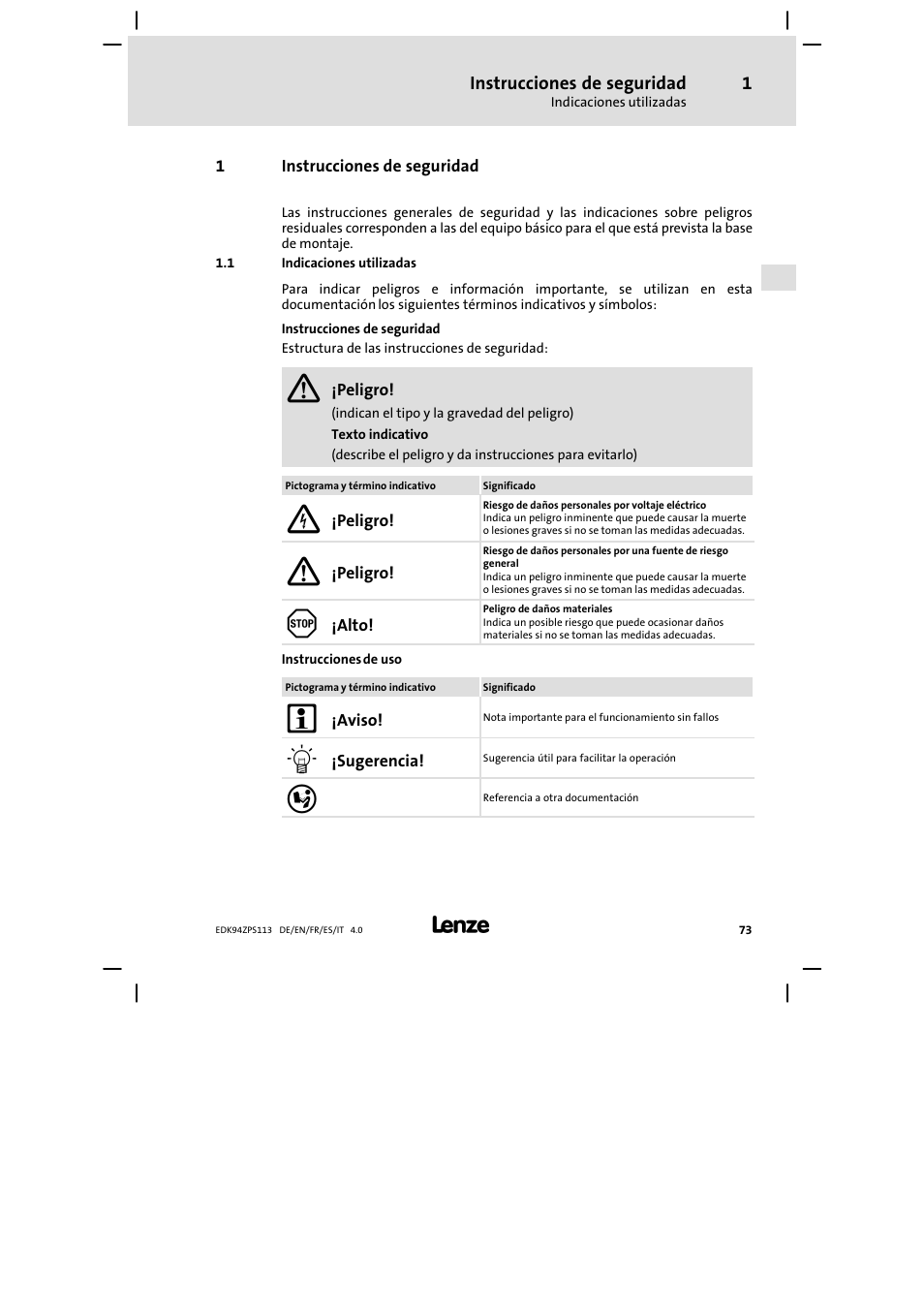 Instrucciones de seguridad, Indicaciones utilizadas | Lenze E94AZPS User Manual | Page 73 / 114