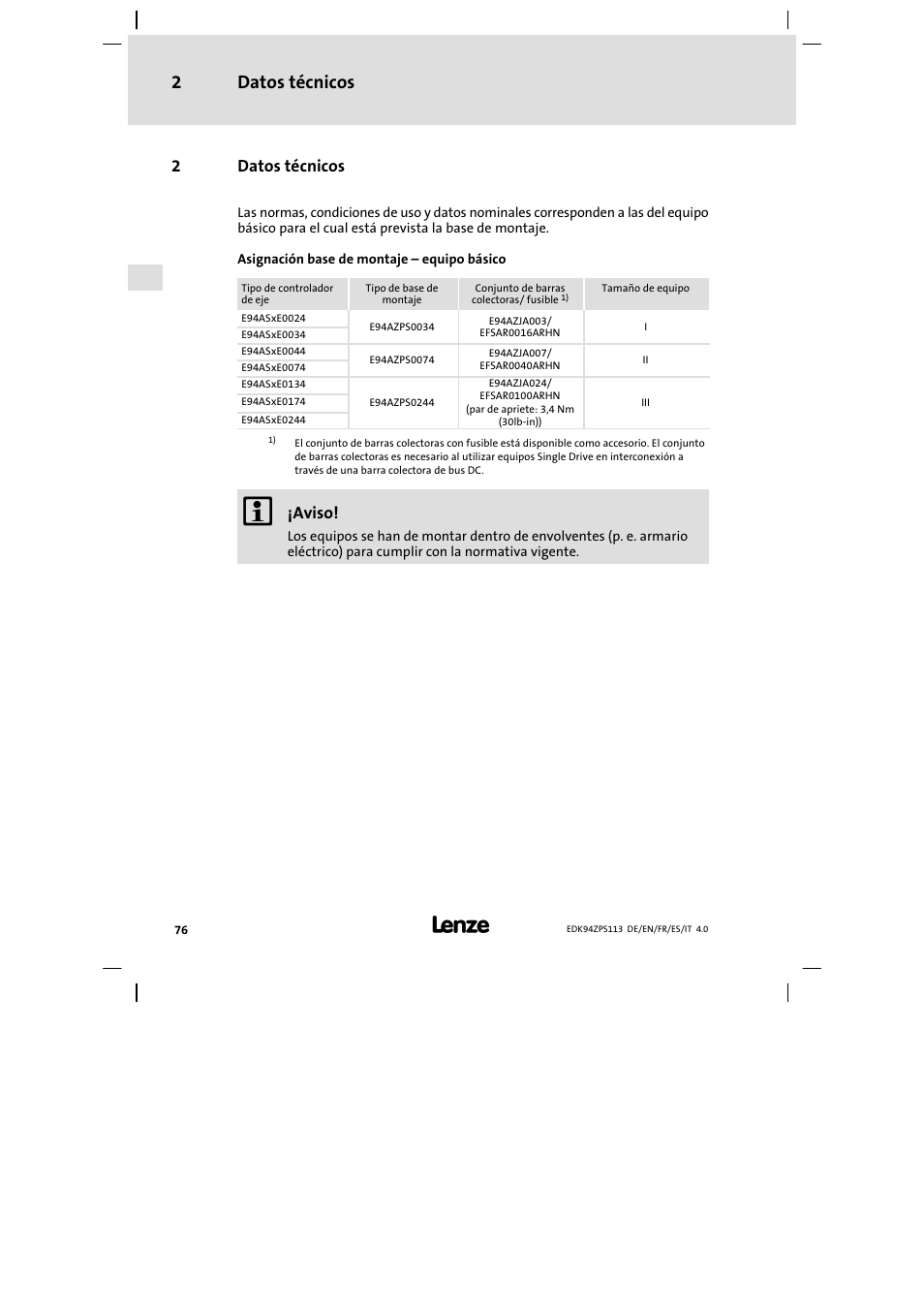 Datos técnicos, Datos técnicos 2, 2datos técnicos | Aviso | Lenze E94AZPS User Manual | Page 76 / 114