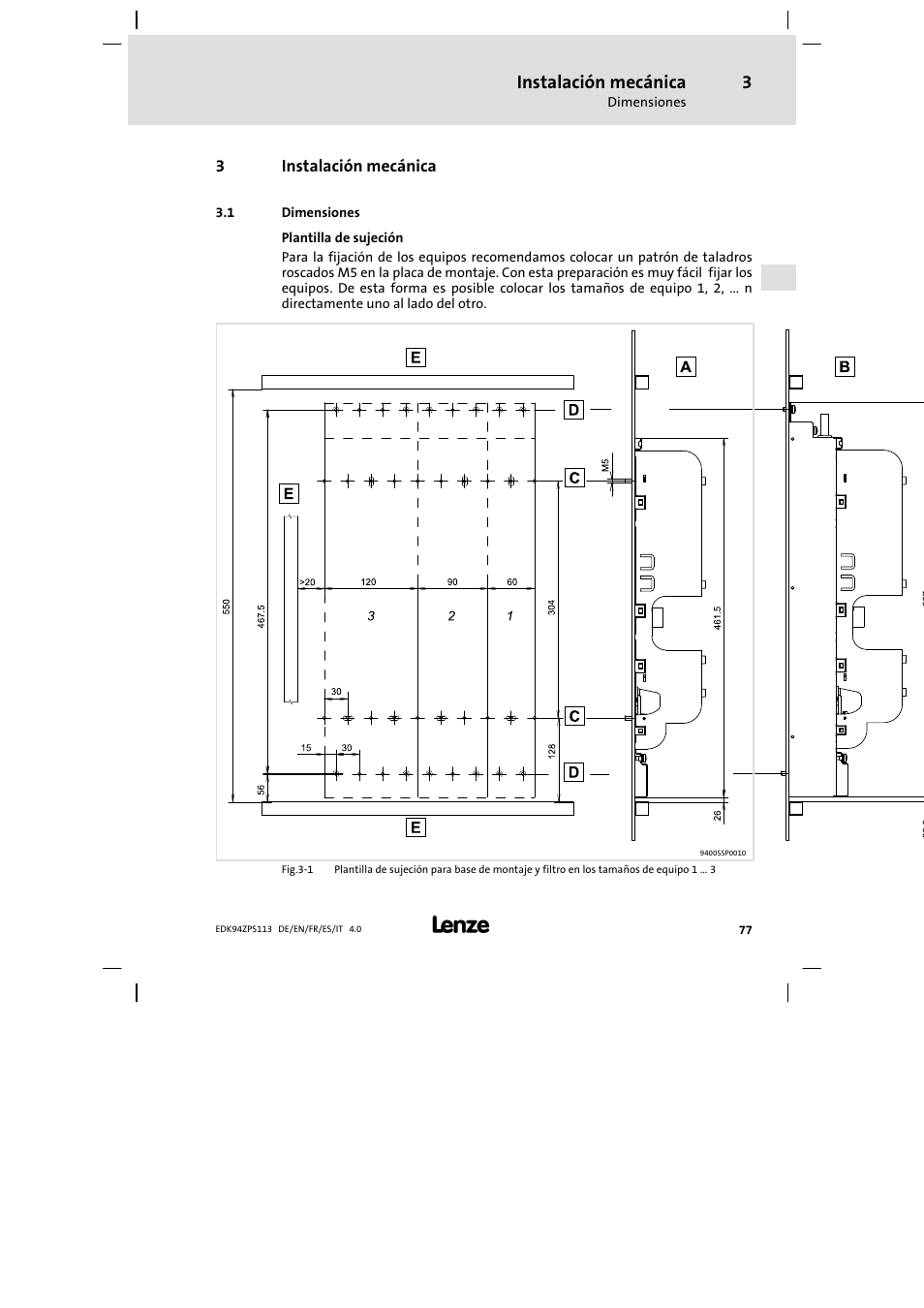 Instalación mecánica, Dimensiones | Lenze E94AZPS User Manual | Page 77 / 114