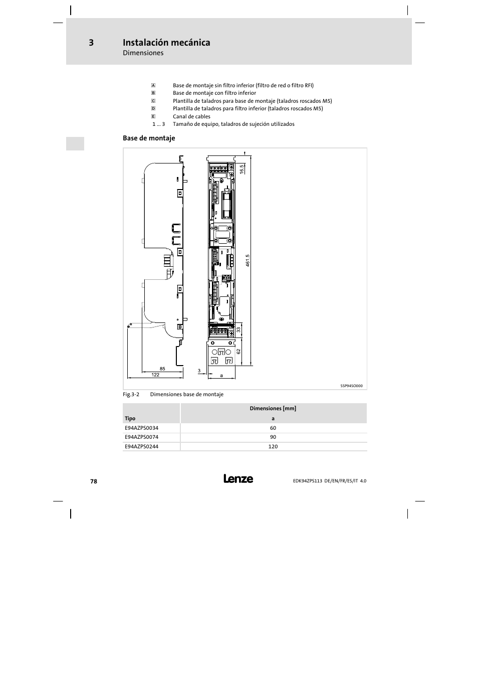 Instalación mecánica | Lenze E94AZPS User Manual | Page 78 / 114