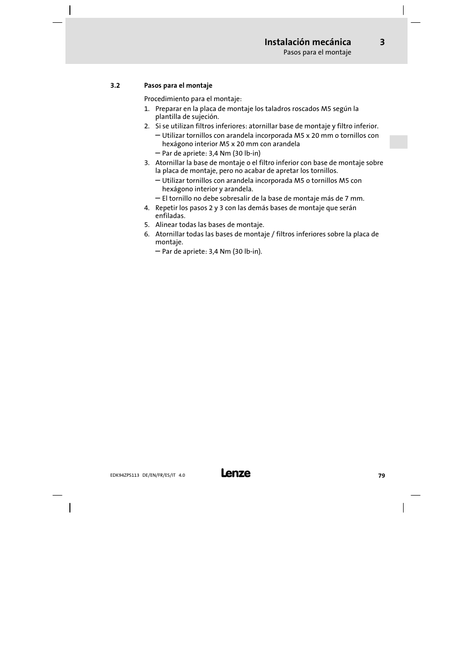 Pasos para el montaje, Instalación mecánica | Lenze E94AZPS User Manual | Page 79 / 114