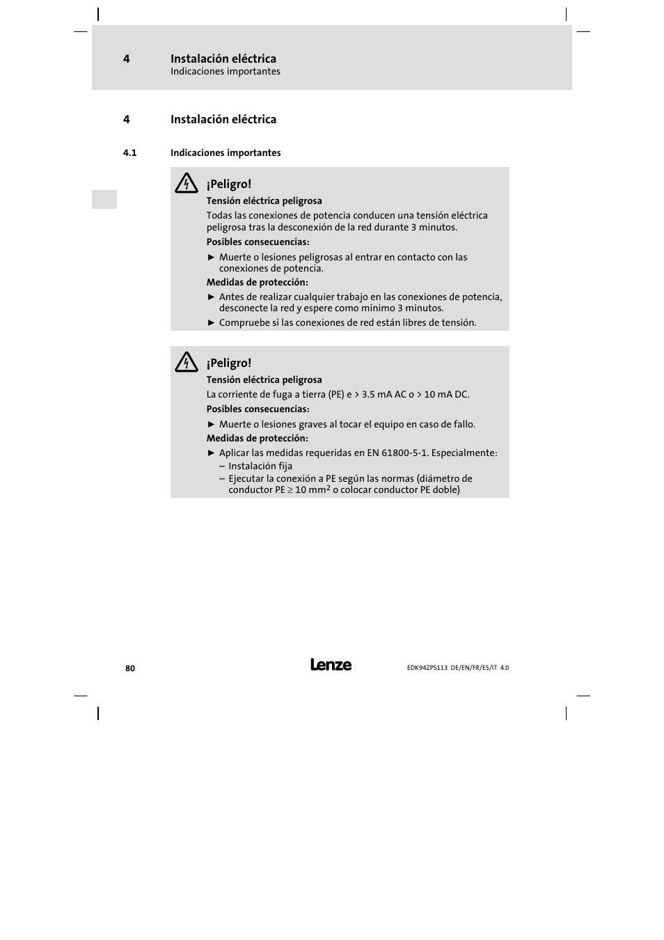 Instalación eléctrica, Indicaciones importantes | Lenze E94AZPS User Manual | Page 80 / 114