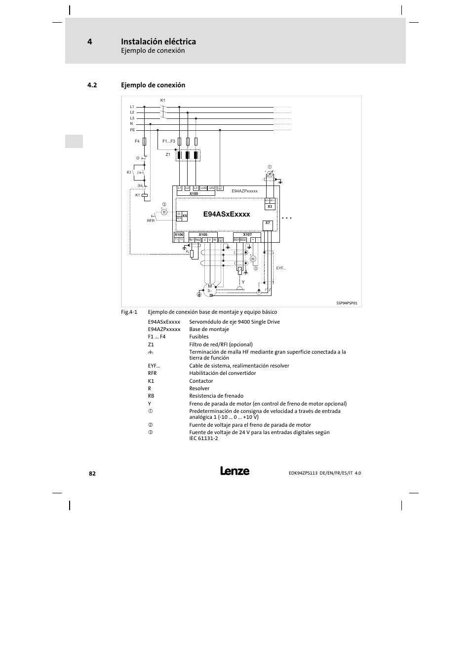 Ejemplo de conexión, Instalación eléctrica, 2 ejemplo de conexión | Lenze E94AZPS User Manual | Page 82 / 114