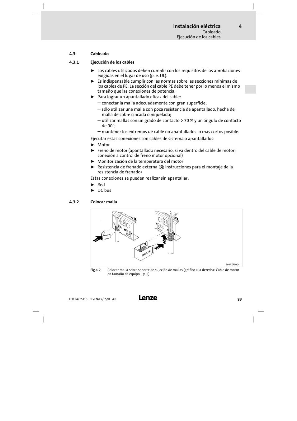 Cableado, Ejecución de los cables, Colocar malla | Lenze E94AZPS User Manual | Page 83 / 114