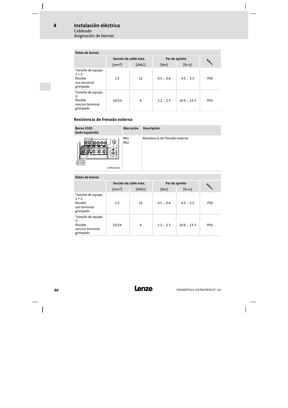Instalación eléctrica | Lenze E94AZPS User Manual | Page 86 / 114