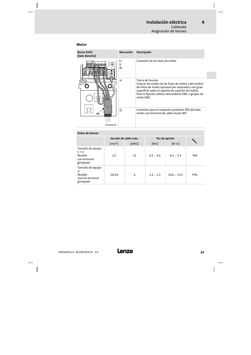 Instalación eléctrica | Lenze E94AZPS User Manual | Page 87 / 114