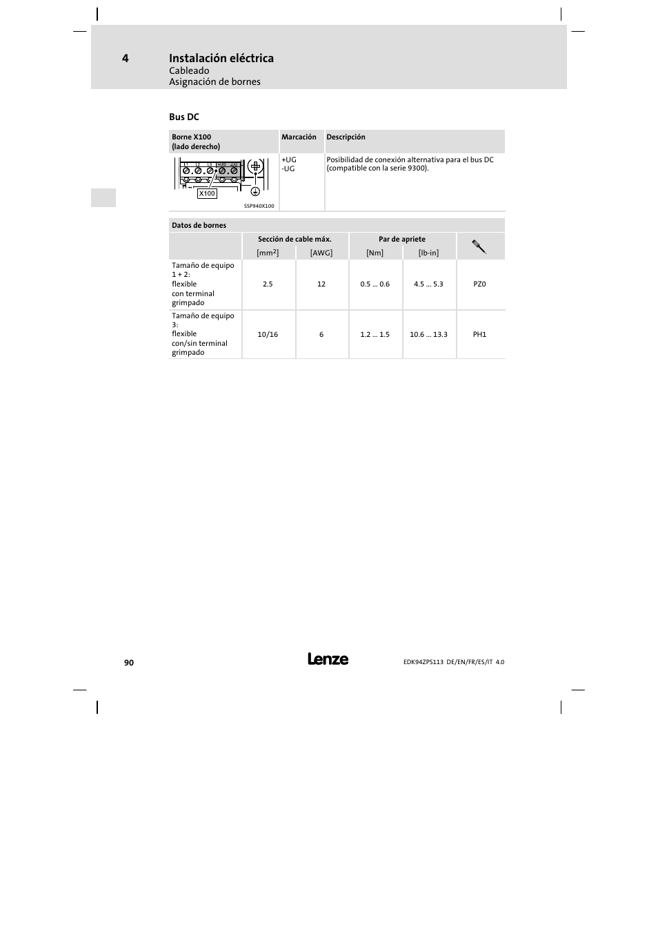 Instalación eléctrica | Lenze E94AZPS User Manual | Page 90 / 114