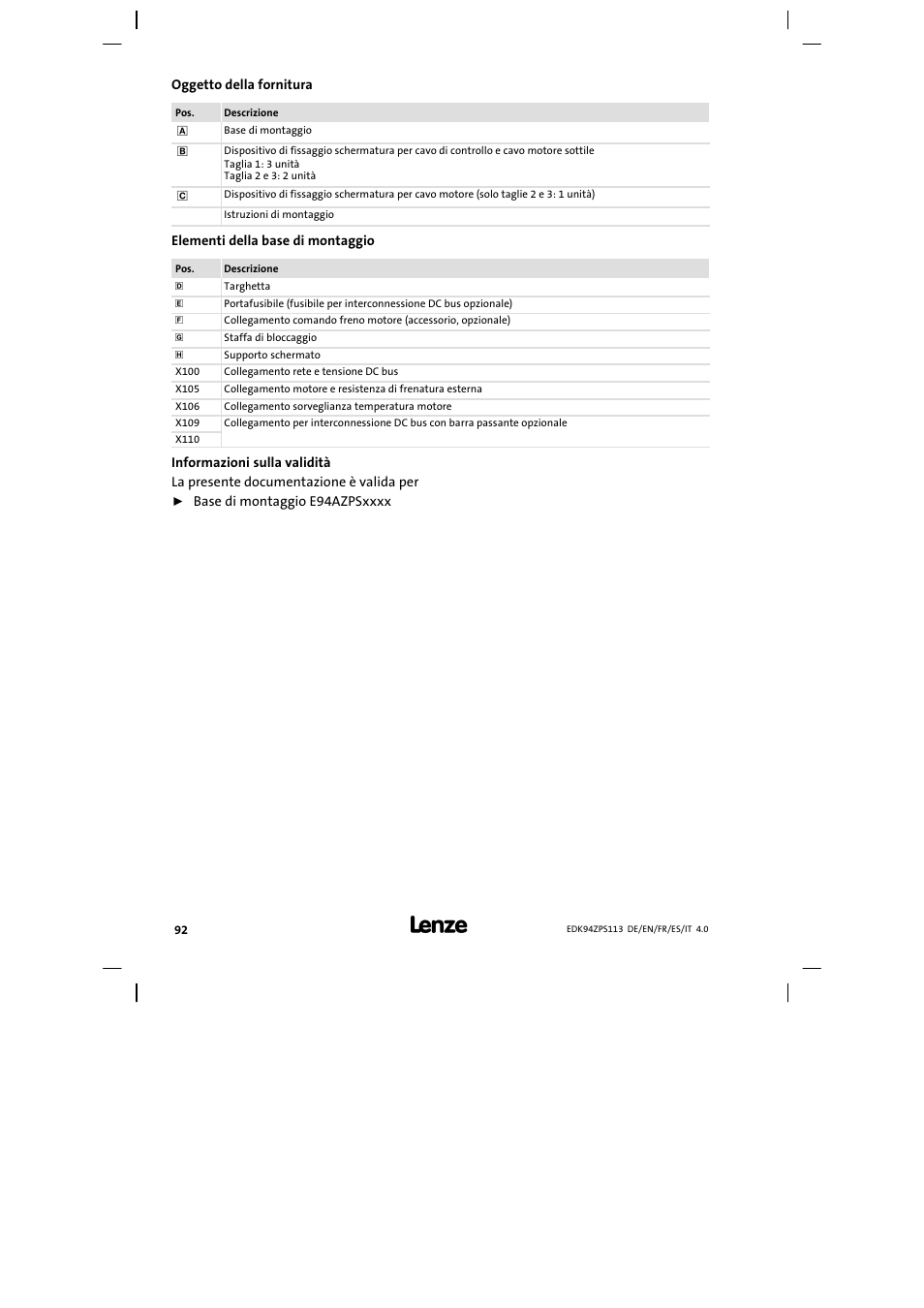 Oggetto della fornitura | Lenze E94AZPS User Manual | Page 92 / 114