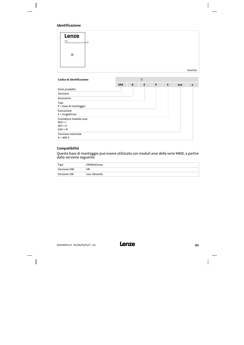Identificazione, Lenze | Lenze E94AZPS User Manual | Page 93 / 114