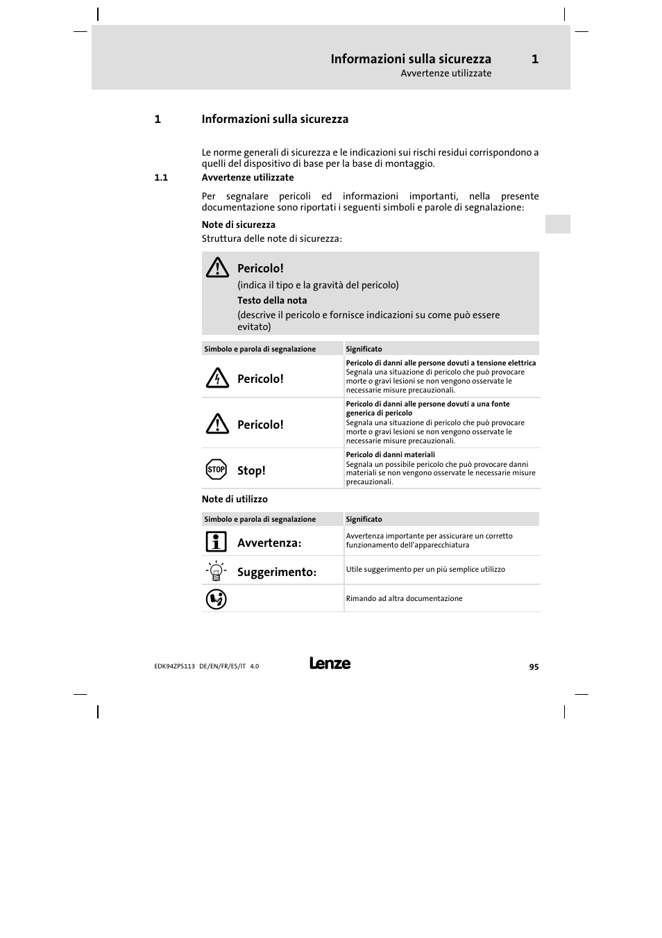 Informazioni sulla sicurezza, Avvertenze utilizzate | Lenze E94AZPS User Manual | Page 95 / 114