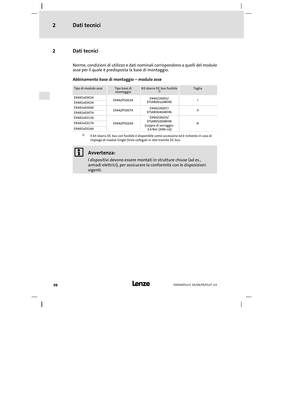 Dati tecnici, Dati tecnici 2, 2dati tecnici | Avvertenza | Lenze E94AZPS User Manual | Page 98 / 114