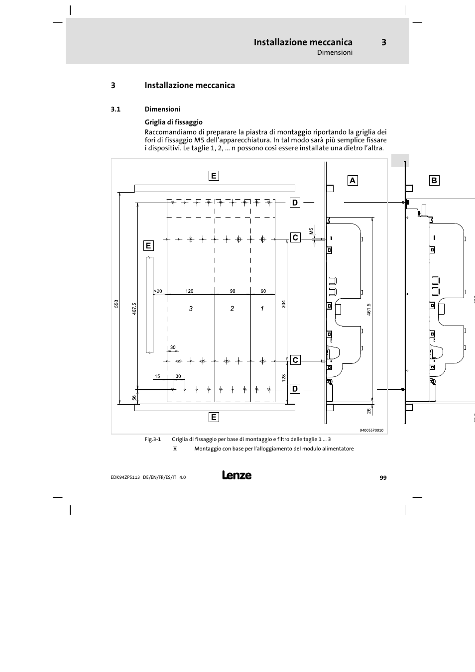 Installazione meccanica, Dimensioni | Lenze E94AZPS User Manual | Page 99 / 114