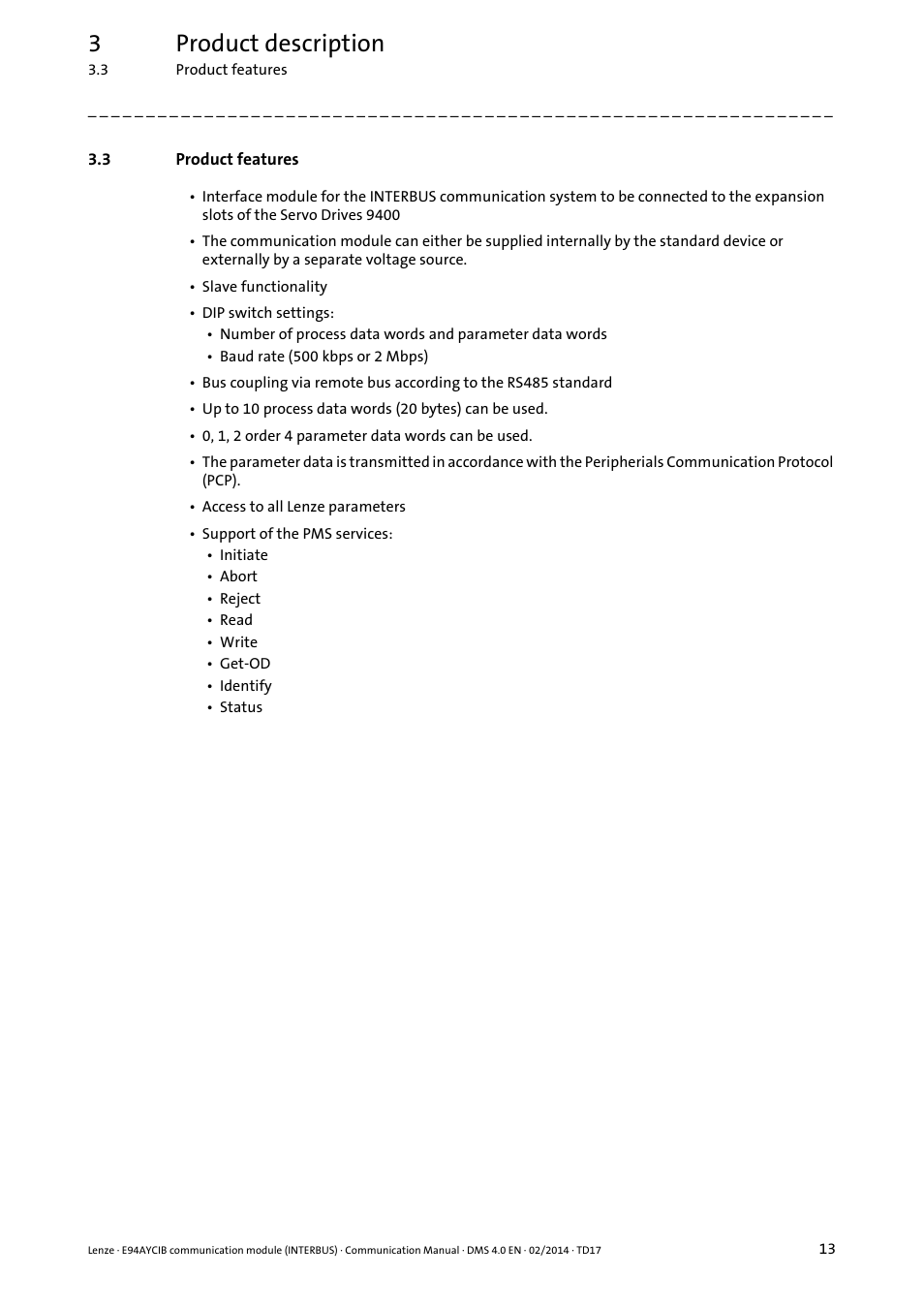 3 product features, Product features, 3product description | Lenze E94AYCIB User Manual | Page 13 / 78