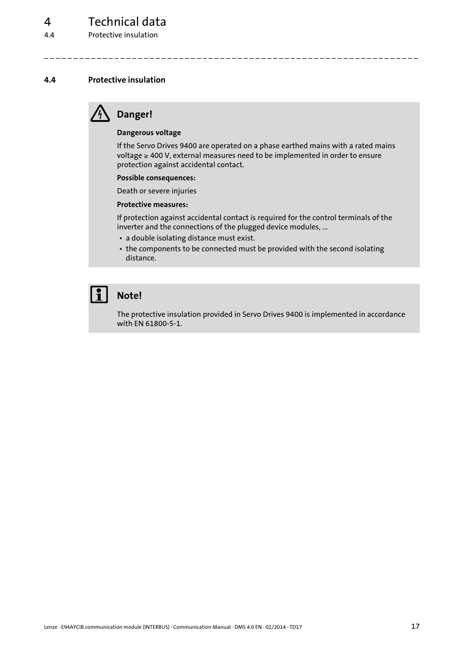 4 protective insulation, Protective insulation, 4technical data | Lenze E94AYCIB User Manual | Page 17 / 78