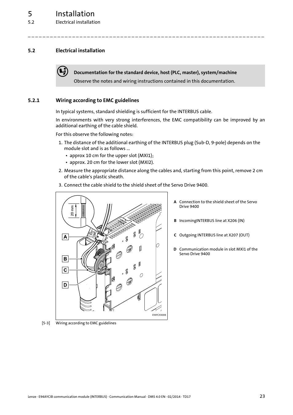 2 electrical installation, 1 wiring according to emc guidelines, Electrical installation | Wiring according to emc guidelines, 5installation | Lenze E94AYCIB User Manual | Page 23 / 78
