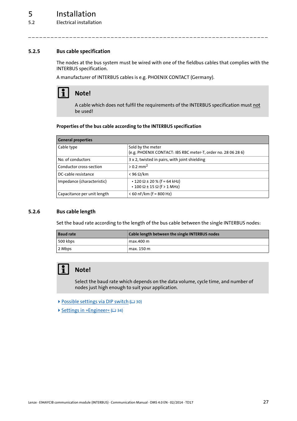 5 bus cable specification, 6 bus cable length, Bus cable specification | Bus cable length, 5installation | Lenze E94AYCIB User Manual | Page 27 / 78