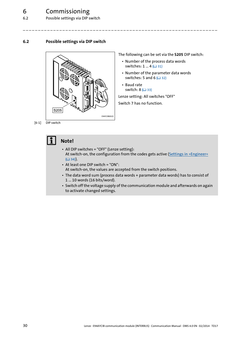 2 possible settings via dip switch, Possible settings via dip switch, Possible settings via dip switch ( 30) | 6commissioning | Lenze E94AYCIB User Manual | Page 30 / 78