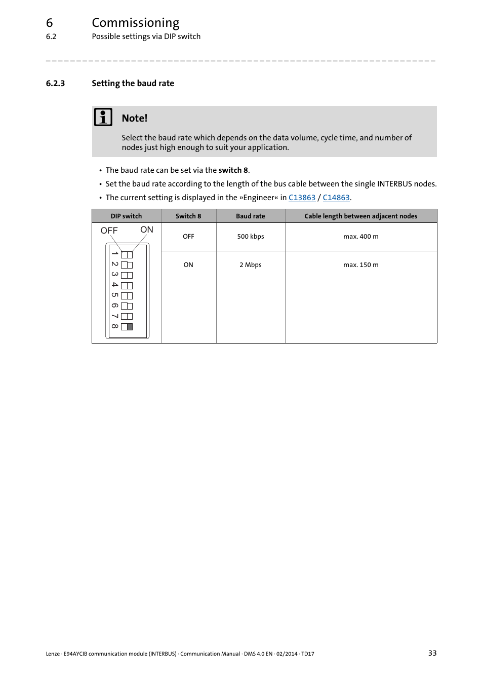 3 setting the baud rate, Setting the baud rate, 6commissioning | Lenze E94AYCIB User Manual | Page 33 / 78