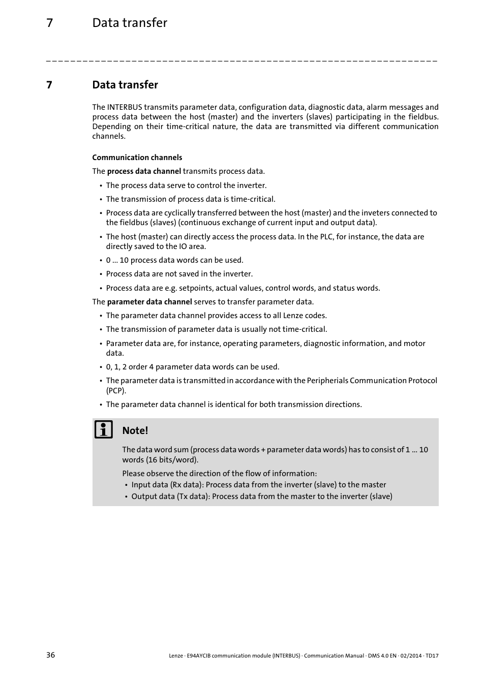 7 data transfer, Data transfer, 7data transfer | Lenze E94AYCIB User Manual | Page 36 / 78