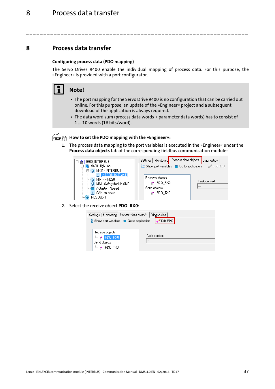 8 process data transfer, Process data transfer, 8process data transfer | Lenze E94AYCIB User Manual | Page 37 / 78