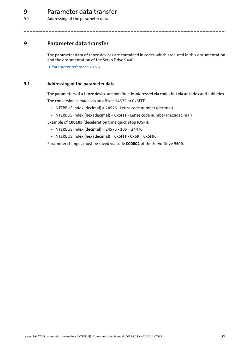 9 parameter data transfer, 1 addressing of the parameter data, Parameter data transfer | Addressing of the parameter data, 9parameter data transfer | Lenze E94AYCIB User Manual | Page 39 / 78