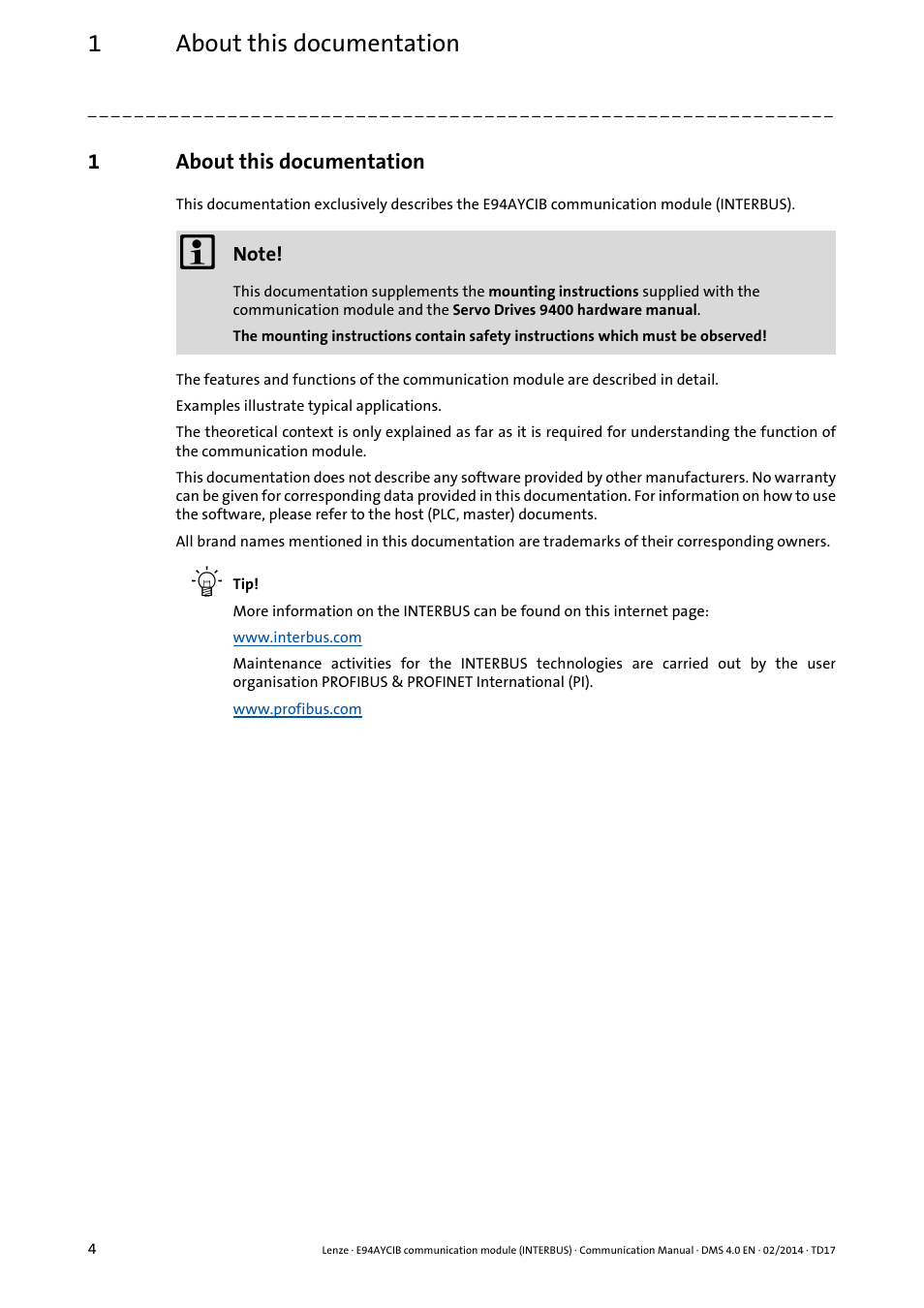 1 about this documentation, About this documentation, 1about this documentation | Lenze E94AYCIB User Manual | Page 4 / 78
