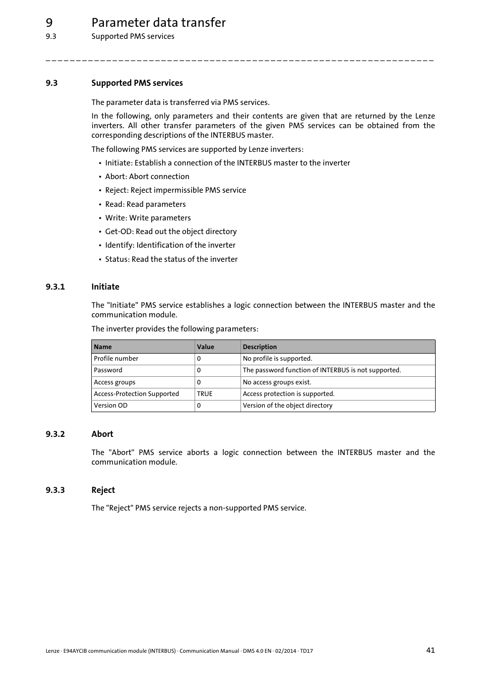 3 supported pms services, 1 initiate, 2 abort | 3 reject, Supported pms services, Initiate, Abort, Reject, 9parameter data transfer | Lenze E94AYCIB User Manual | Page 41 / 78