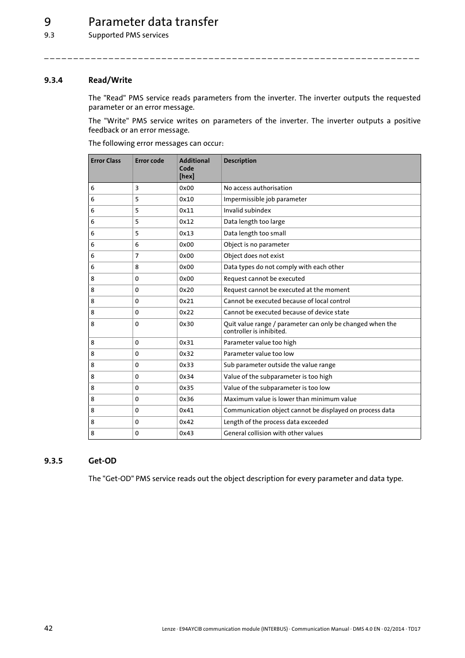 4 read/write, 5 get-od, Read/write | Get-od, 9parameter data transfer | Lenze E94AYCIB User Manual | Page 42 / 78