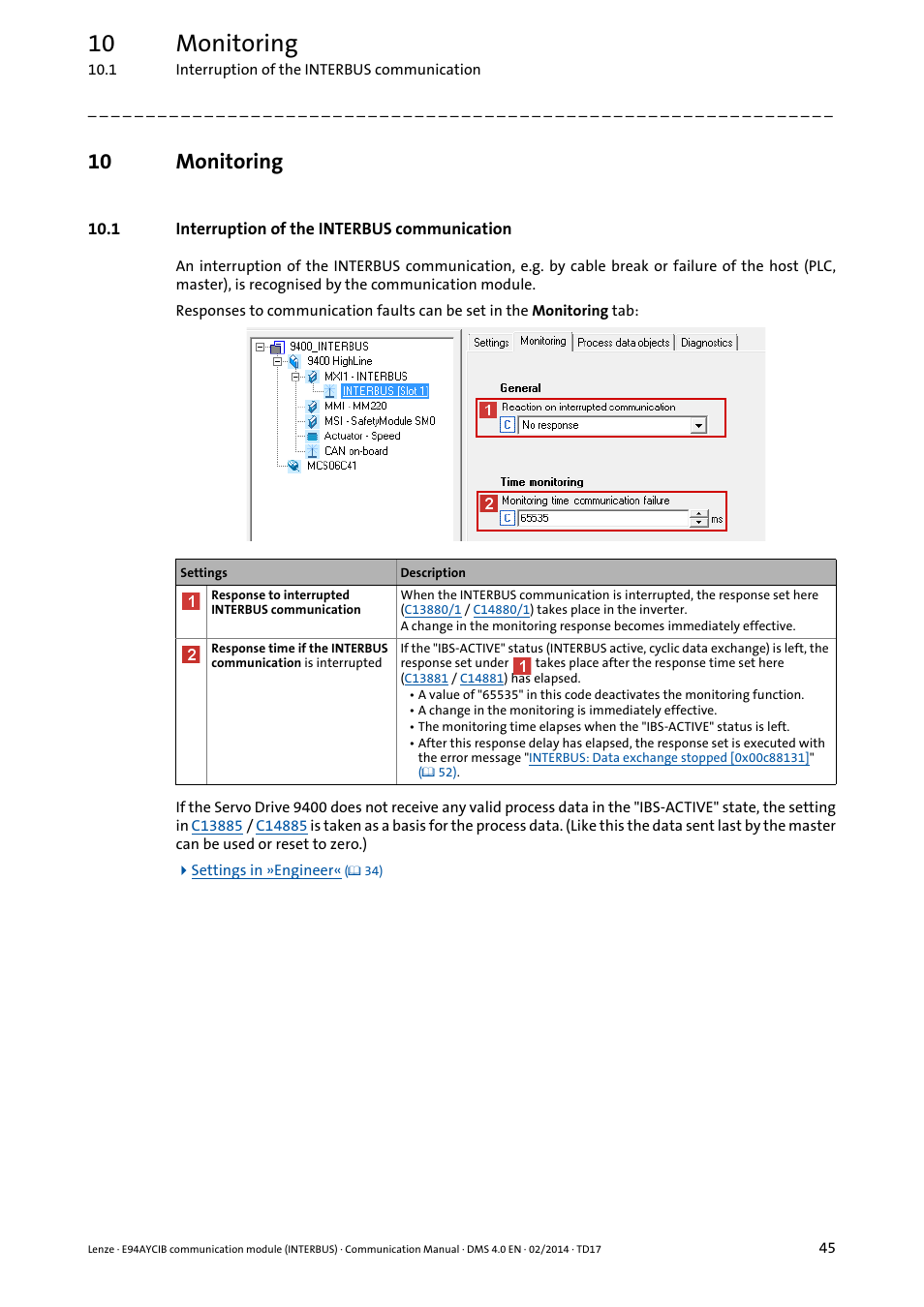 10 monitoring, 1 interruption of the interbus communication, Monitoring | Lenze E94AYCIB User Manual | Page 45 / 78