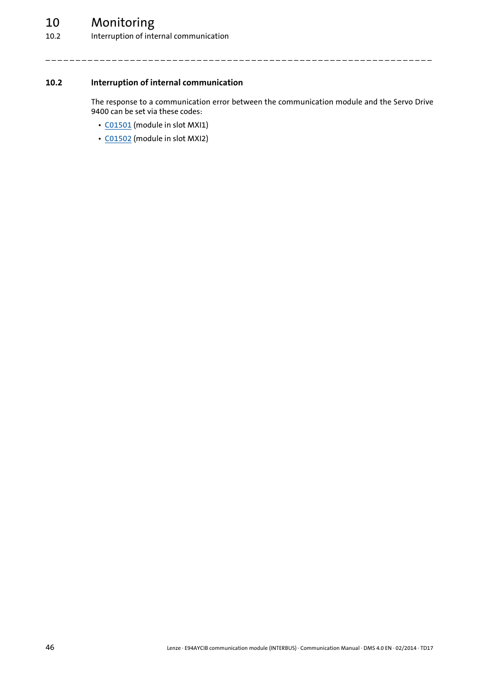 2 interruption of internal communication, 10 monitoring | Lenze E94AYCIB User Manual | Page 46 / 78