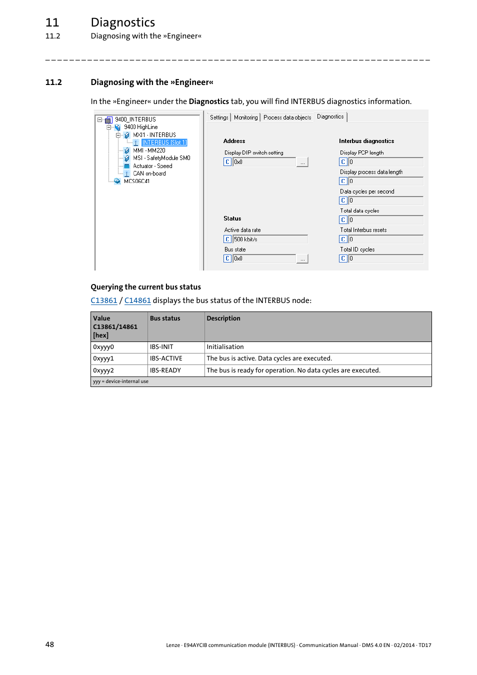 2 diagnosing with the »engineer, 11 diagnostics | Lenze E94AYCIB User Manual | Page 48 / 78
