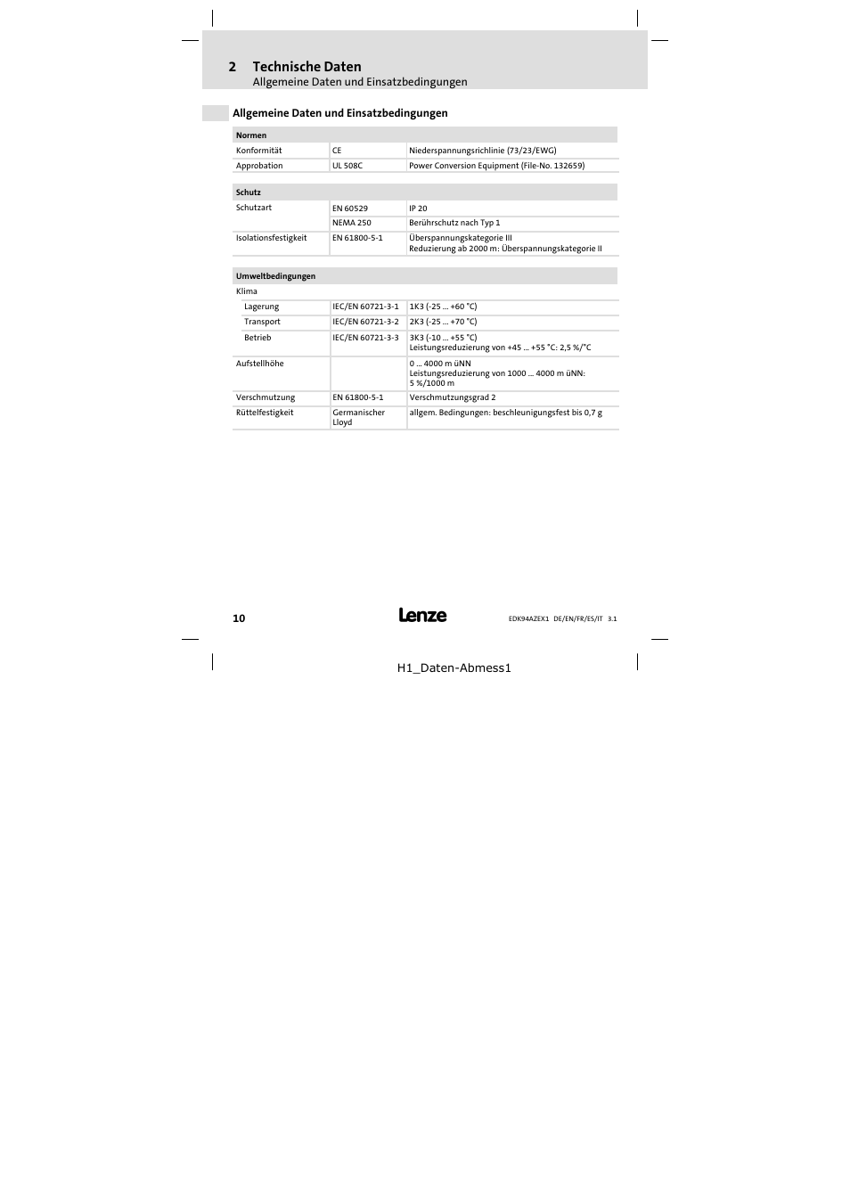 2 technische daten, Allgemeine daten und einsatzbedingungen, Technische daten | 2technische daten | Lenze E94AZEX100 User Manual | Page 10 / 84