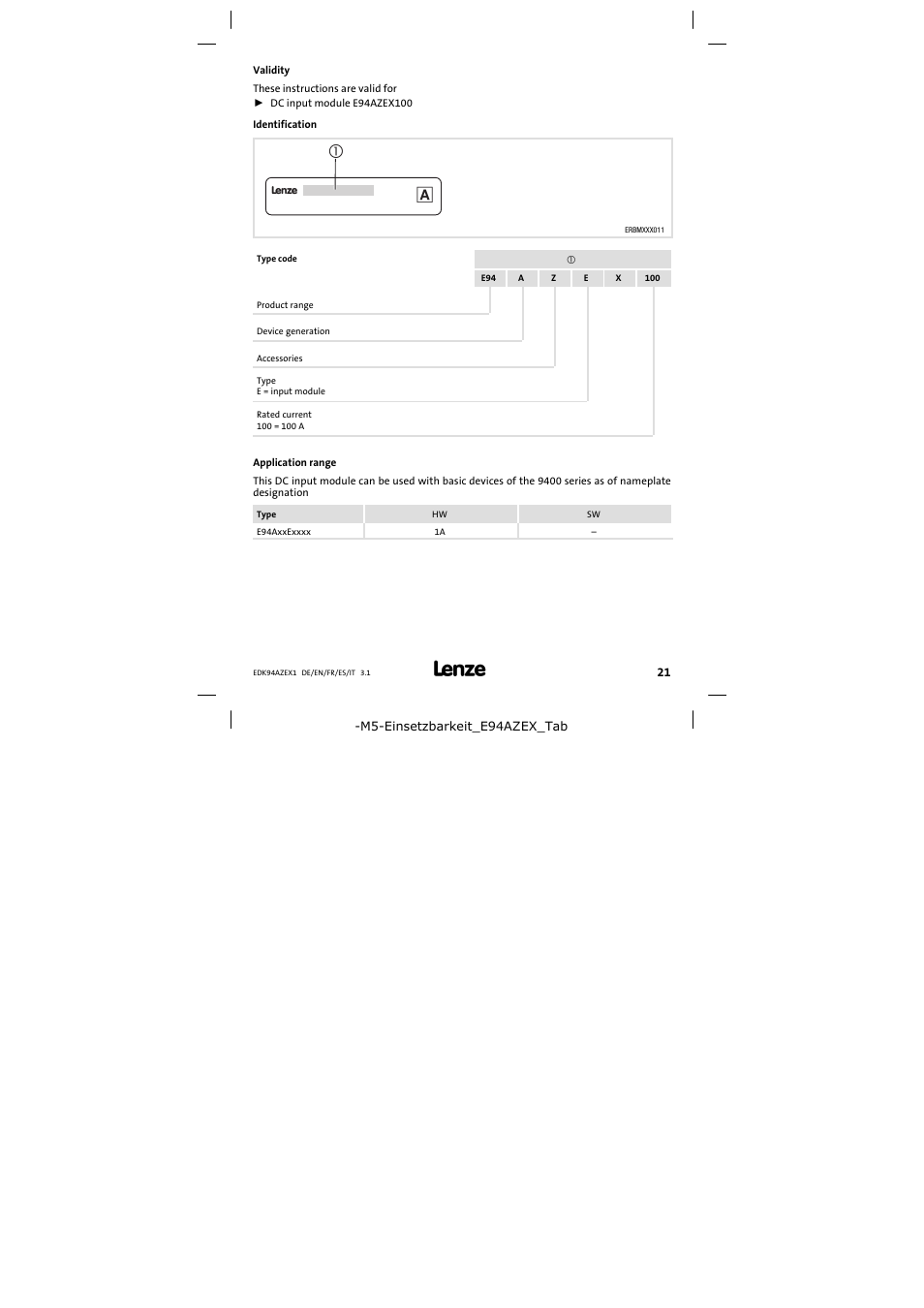 Validity | Lenze E94AZEX100 User Manual | Page 21 / 84