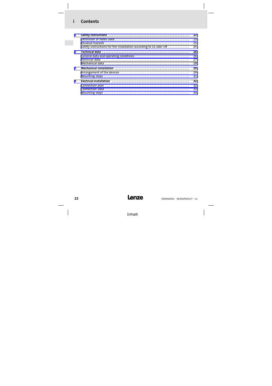 Lenze E94AZEX100 User Manual | Page 22 / 84